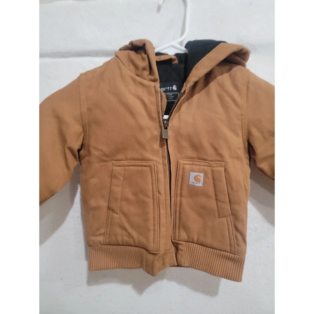 Carhartt Active Jacket Kids 12M Brown Excellent Quilted‎ Lined Canvas Hooded